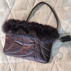 Coach Rabbit Fur Trim, Satin Signature Quilted Chocolate Brown Zip Wristlet